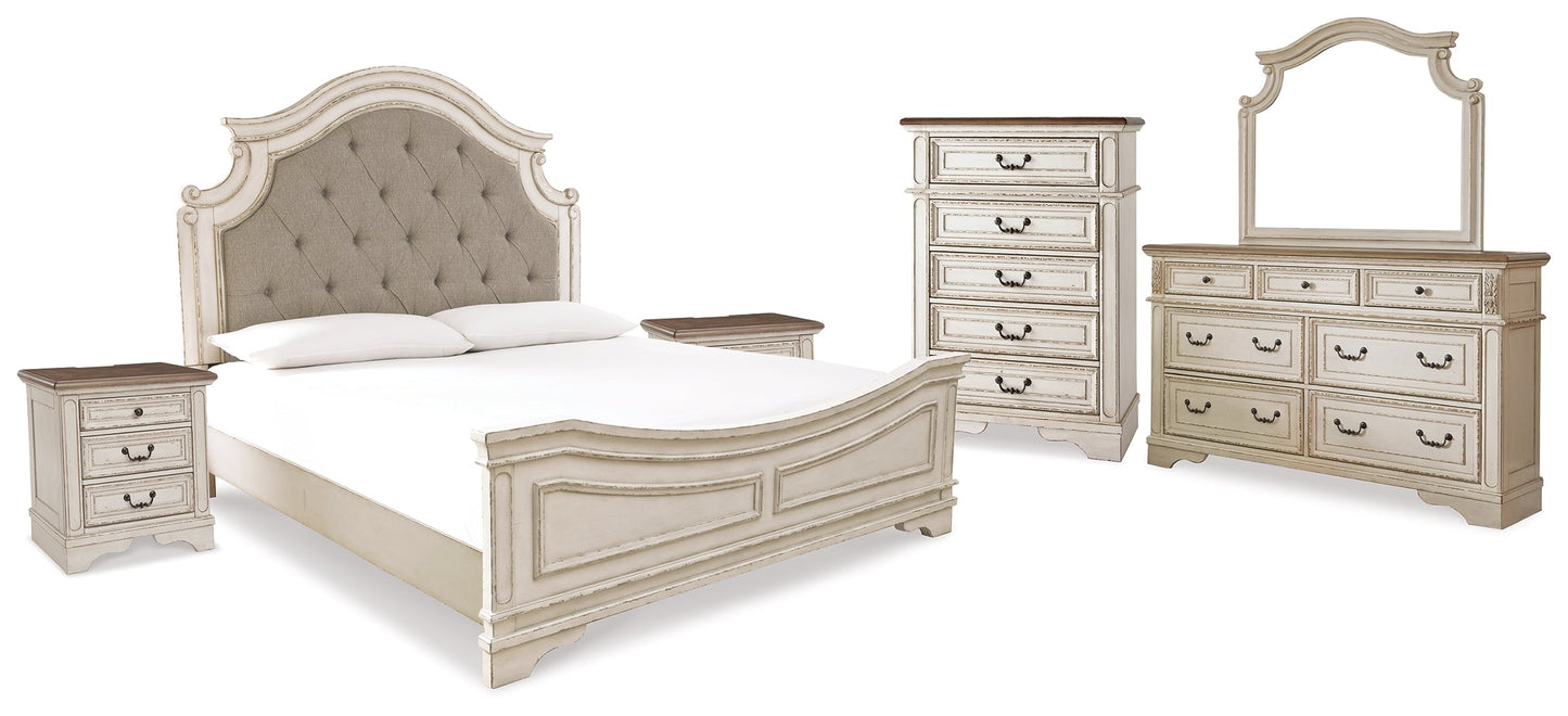 Realyn Two-tone King Upholstered Panel Bedroom Set with Dresser, Mirror, Chest and 2 Nightstands