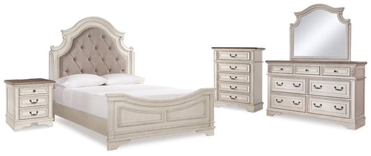 Realyn Two-tone Queen Upholstered Panel Bedroom Set with Dresser, Mirror, Chest and Nightstand