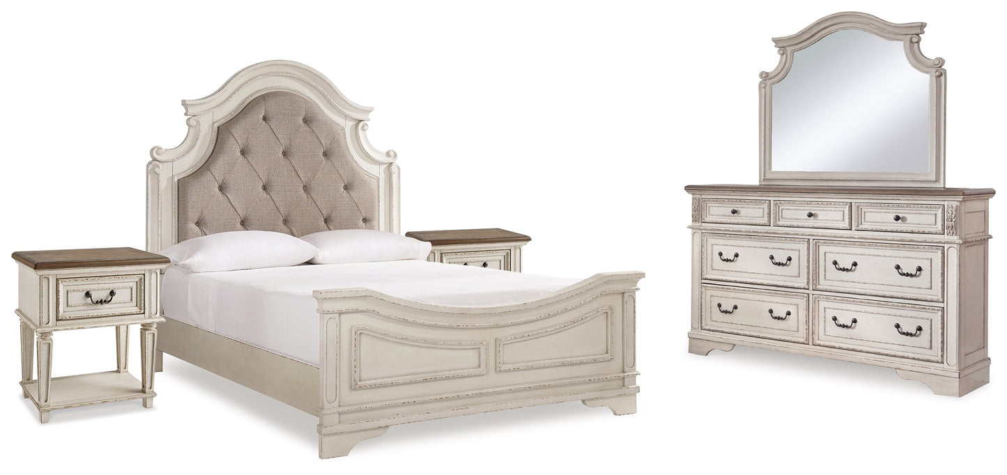 Realyn Two-tone Queen Upholstered Panel Bedroom Set with Dresser, Mirror and 2 Nightstands