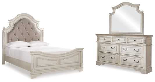 Realyn Two-tone Queen Upholstered Panel Bedroom Set with Dresser and Mirror