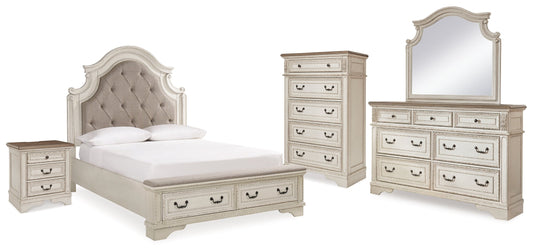 Realyn Two-tone Queen Upholstered Bedroom Set with Dresser, Mirror, Chest and Nightstand