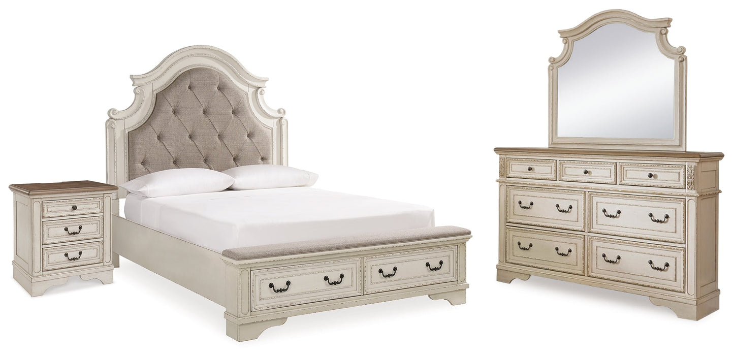 Realyn Two-tone Queen Upholstery Panel Bedroom Set with Dresser, Mirror and Nightstand