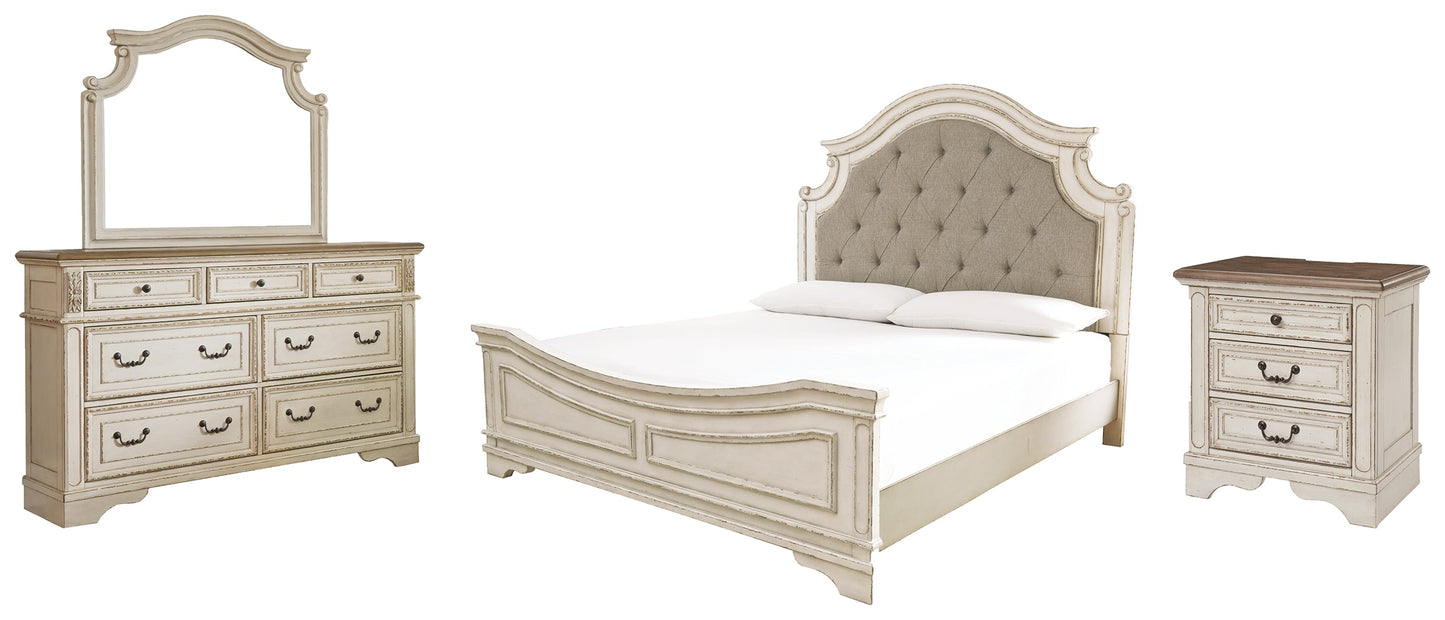 Realyn Chipped White King Bedroom Set with Mirrored Dresser and Nightstand