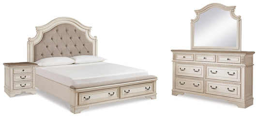 Realyn Two-tone King Upholstered Panel Bedroom Set with Dresser, Mirror and Nightstand