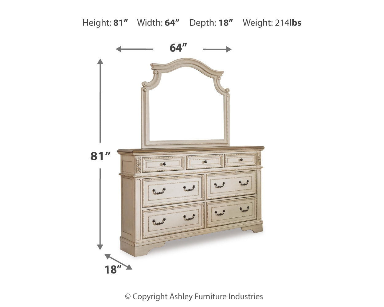 Realyn Two-tone King Upholstered Panel Bedroom Set with Dresser, Mirror, Chest and 2 Nightstands