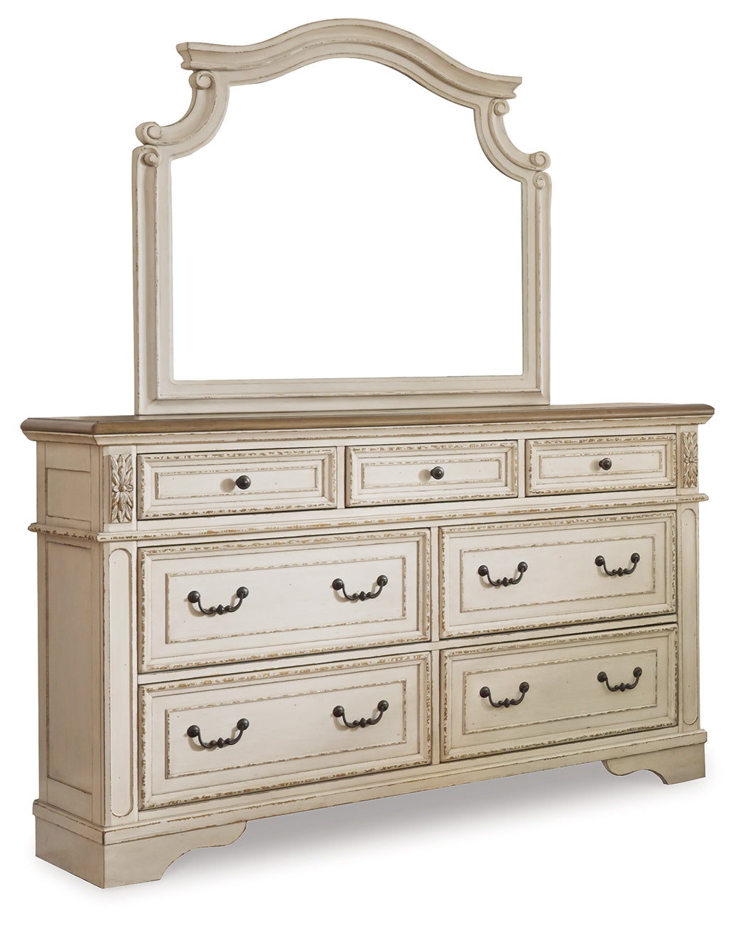 Realyn Two-tone Queen Upholstered Bedroom Set with Dresser, Mirror, Chest and Nightstand