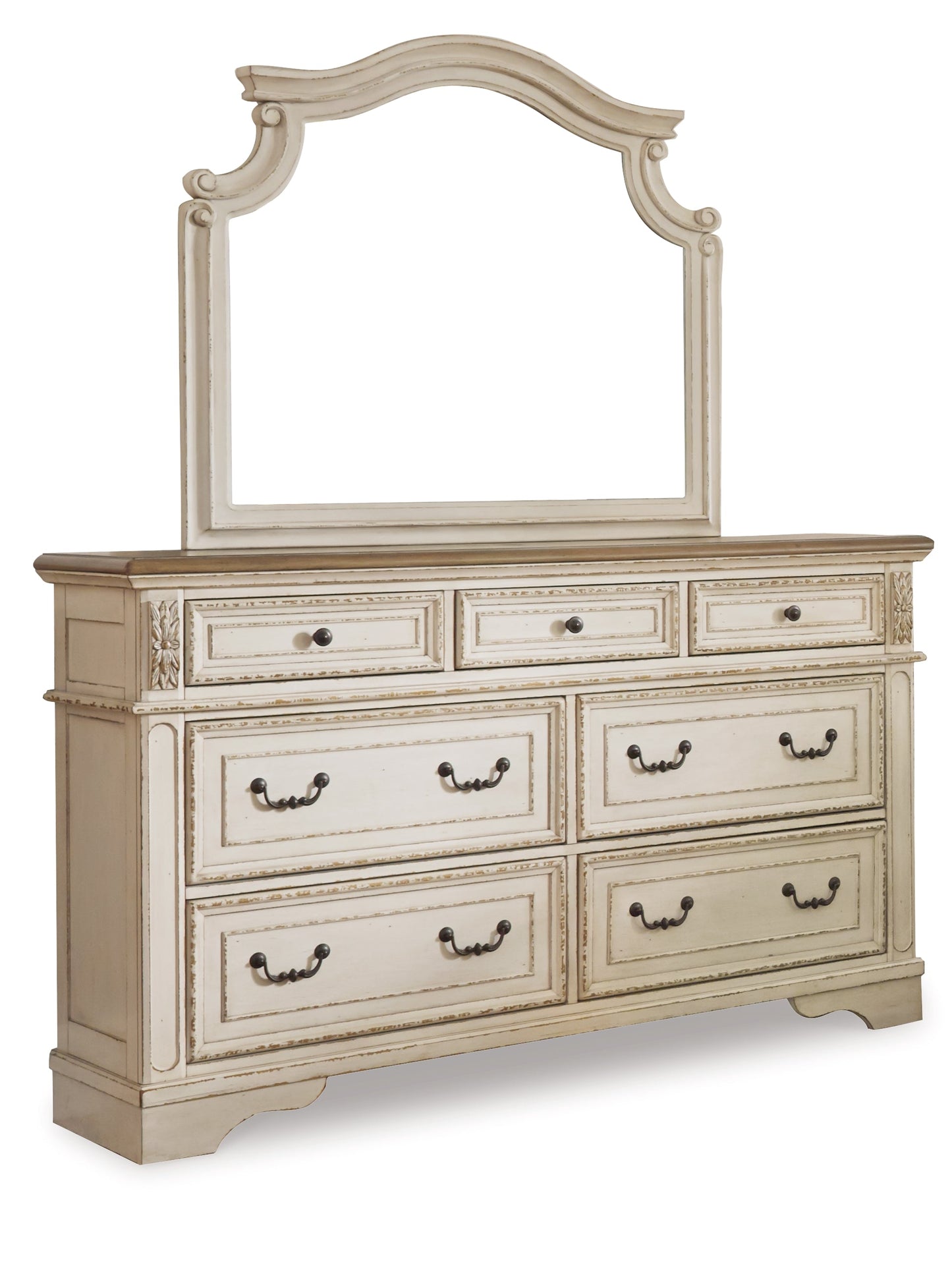 Realyn Chipped White King Bedroom Set with Mirrored Dresser and Nightstand