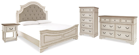 Realyn Two-tone King Upholstered Panel Bedroom Set with Dresser, Chest and Nightstand