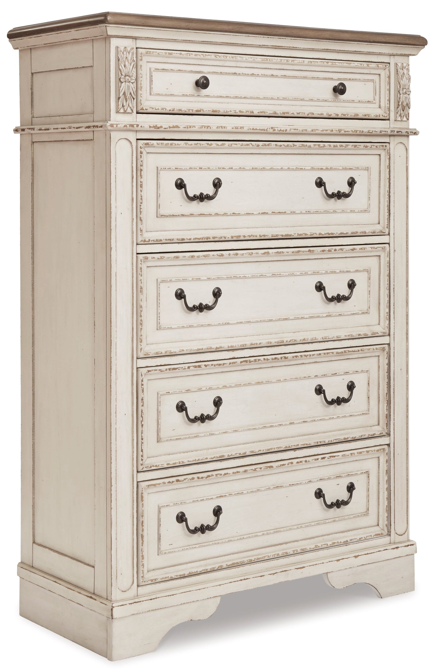 Realyn Chipped White California King Upholstered Bedroom Set with Dresser, Mirror and Chest