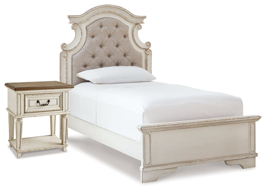 Realyn Two-tone Twin Upholstered Panel Bedroom Set with Nightstand