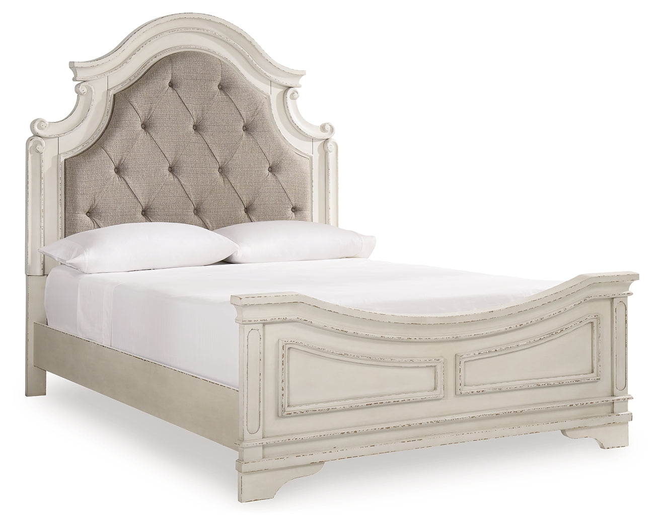 Realyn Two-tone Queen Upholstered Panel Bedroom Set with Dresser, Mirror, Chest and Nightstand