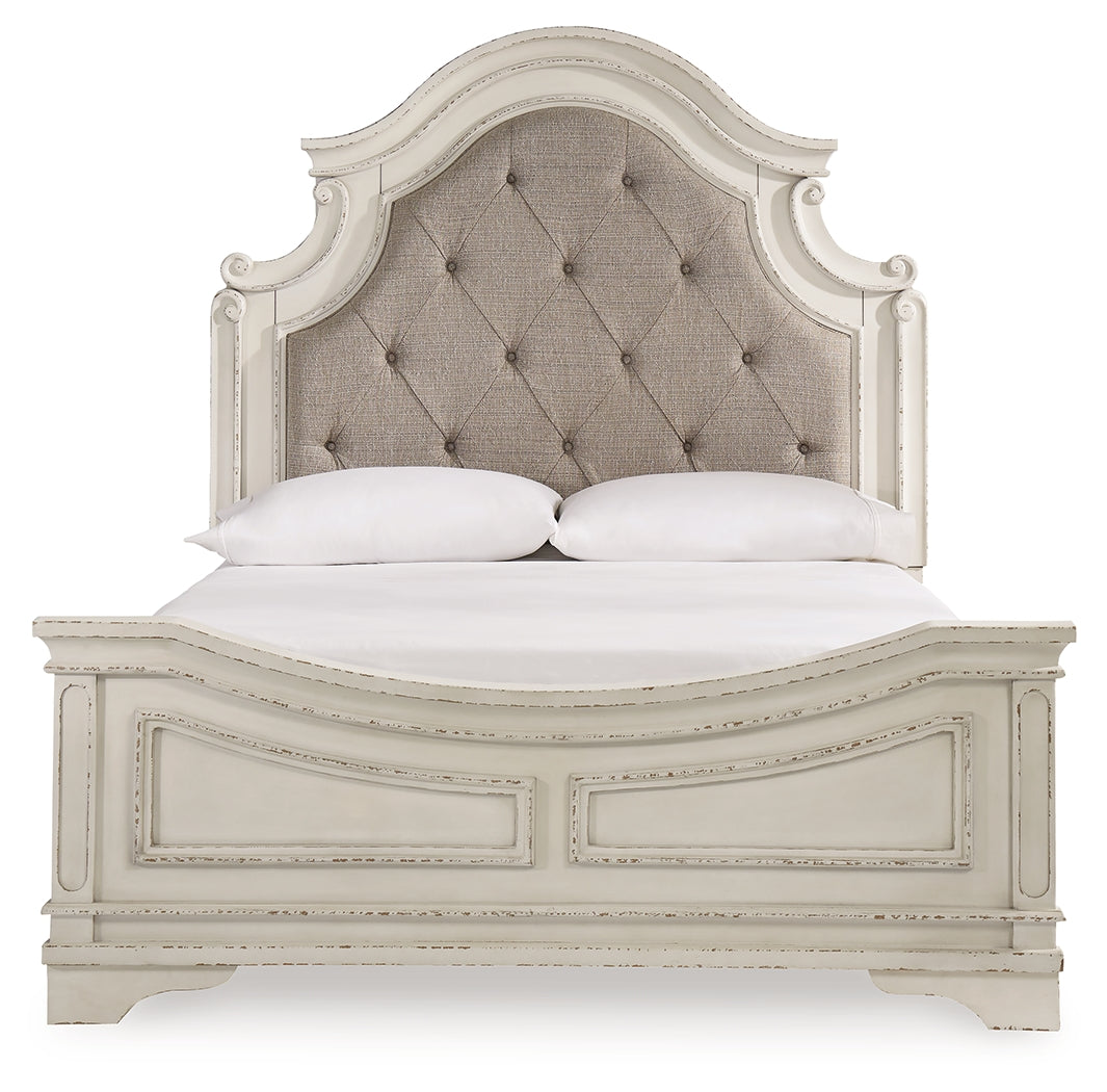 Realyn Two-tone Queen Upholstered Panel Bedroom Set with Dresser, Mirror, Chest and Nightstand