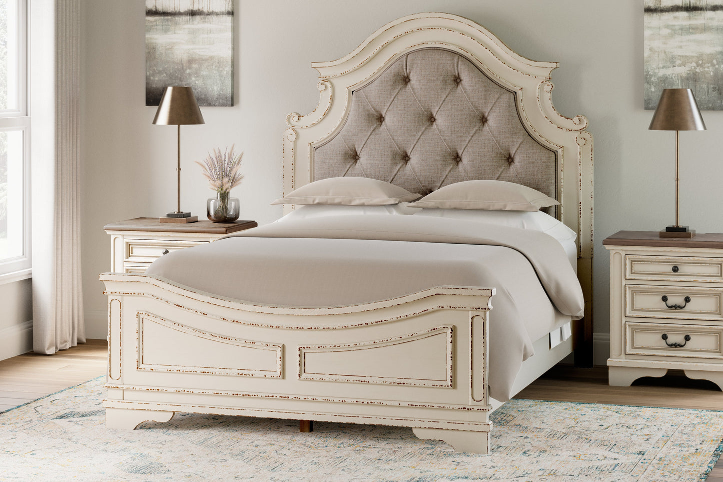 Realyn Two-tone Queen Upholstered Panel Bedroom Set with Dresser, Mirror and 2 Nightstands