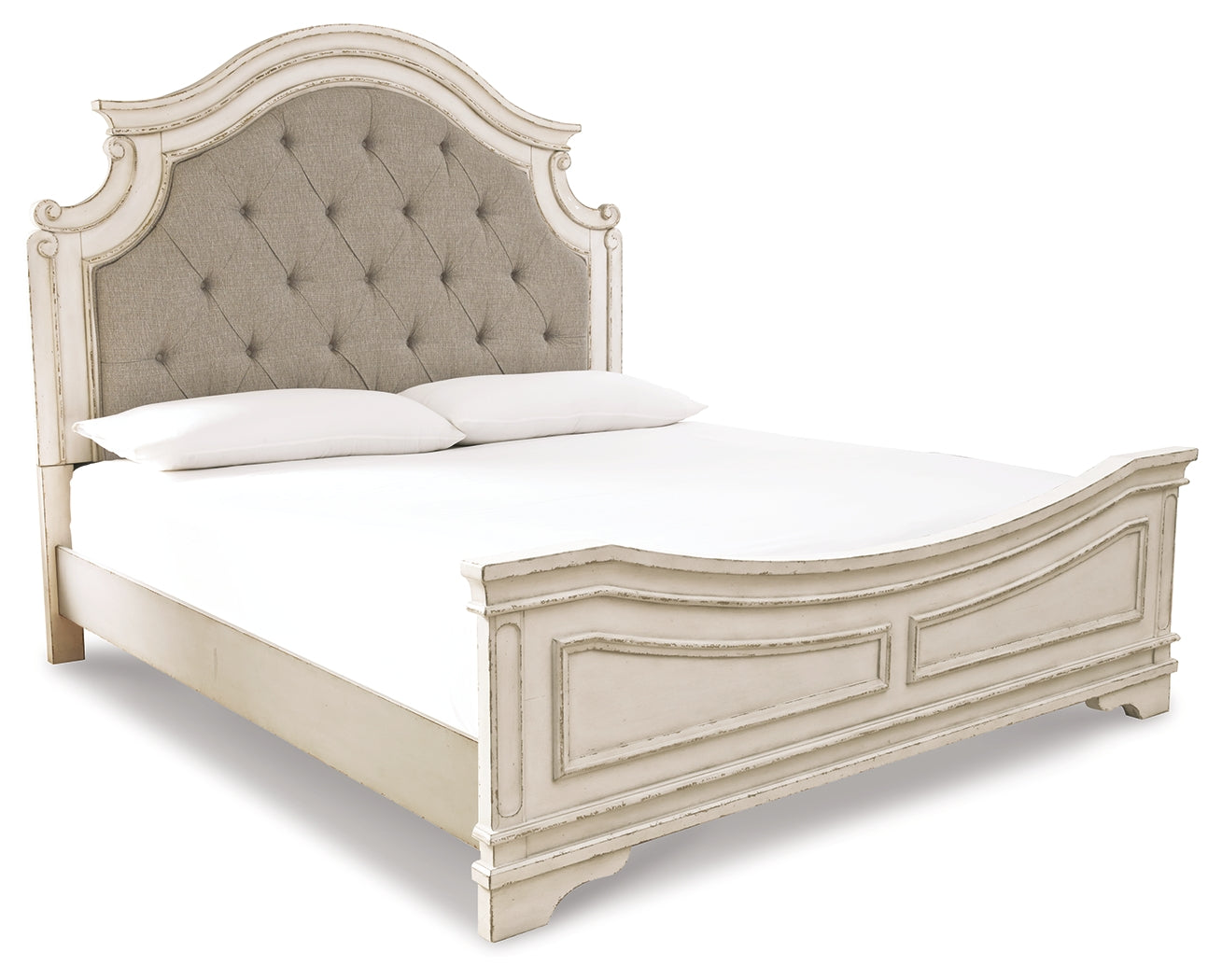 Realyn Two-tone King Upholstered Panel Bedroom Set with Dresser, Mirror, Chest and 2 Nightstands