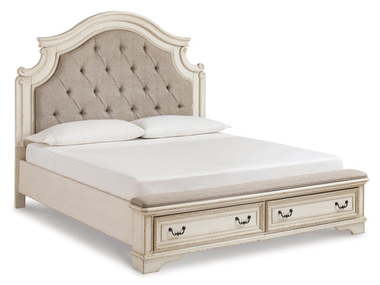 Realyn Chipped White California King Upholstered Bedroom Set with Dresser, Mirror and Chest