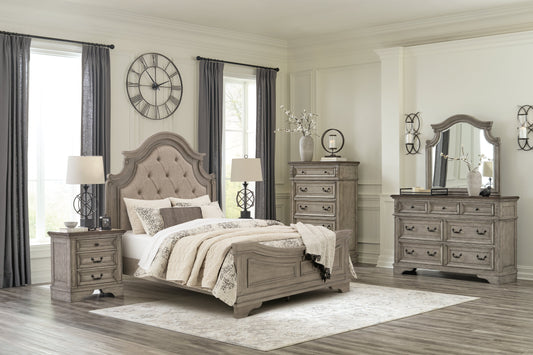 Lodenbay Gray Queen Upholstered Panel Bedroom Set with Dresser, Mirror, Chest and Nightstand