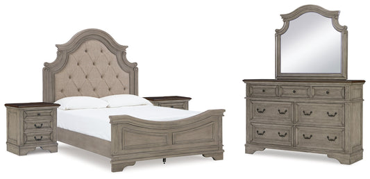 Lodenbay Queen Upholstered Panel Bedroom Set with Dresser, Mirror and 2 Nightstands