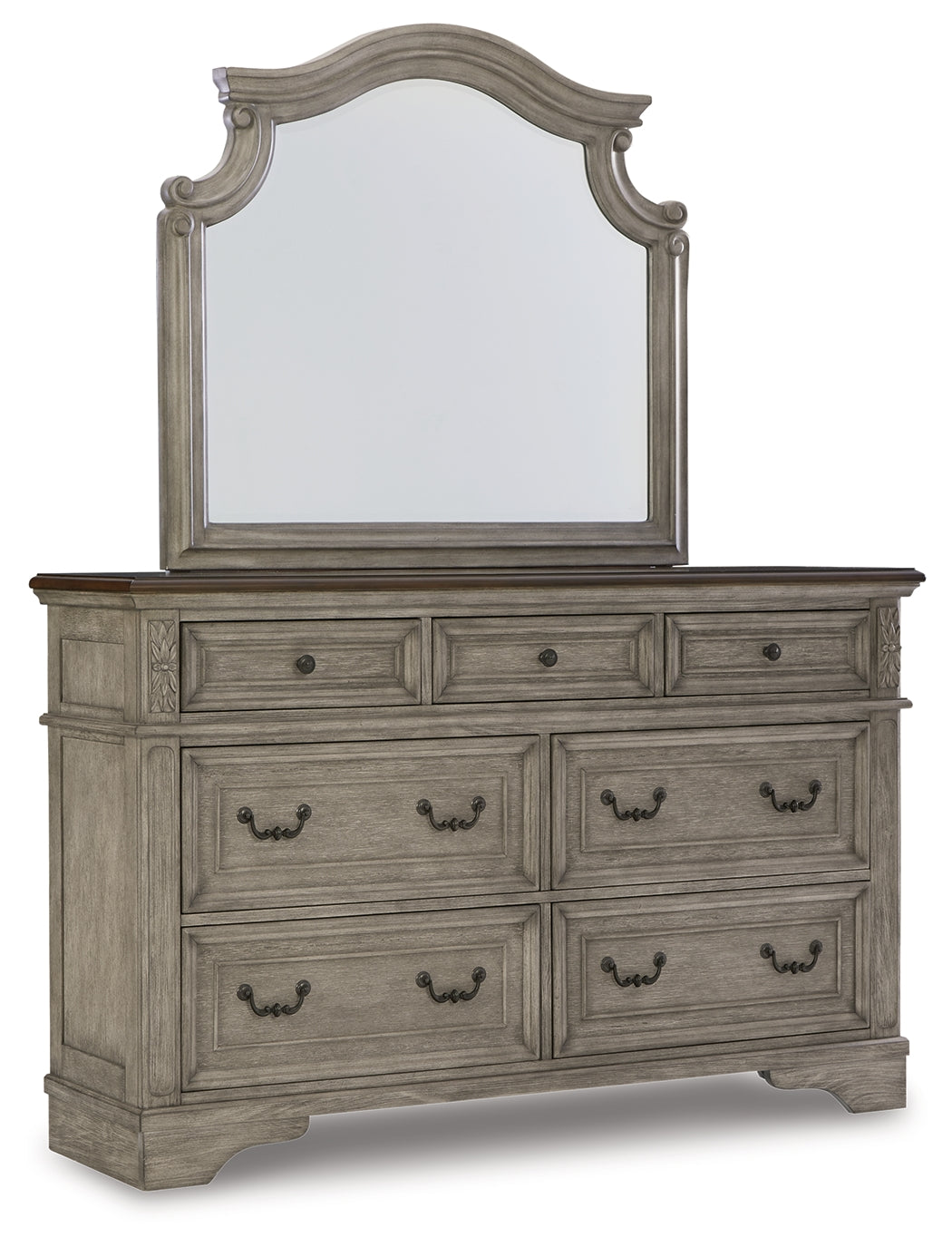 Lodenbay Gray Queen Upholstered Panel Bedroom Set with Dresser, Mirror, Chest and Nightstand