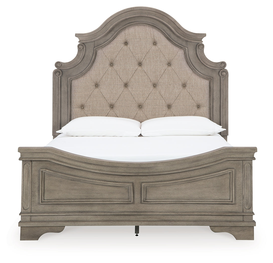 Lodenbay Gray Queen Upholstered Panel Bedroom Set with Dresser, Mirror, Chest and Nightstand