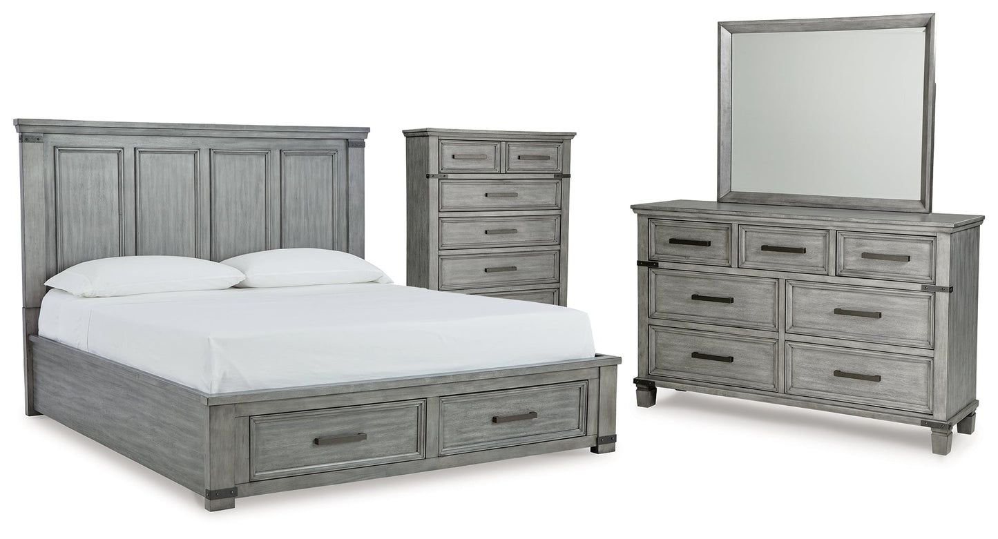 Russelyn Gray King Panel Storage Bedroom Set with Dresser, Mirror and Chest