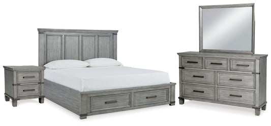 Russelyn Gray King Panel Storage Bedroom Set with Dresser, Mirror and 2 Nightstands