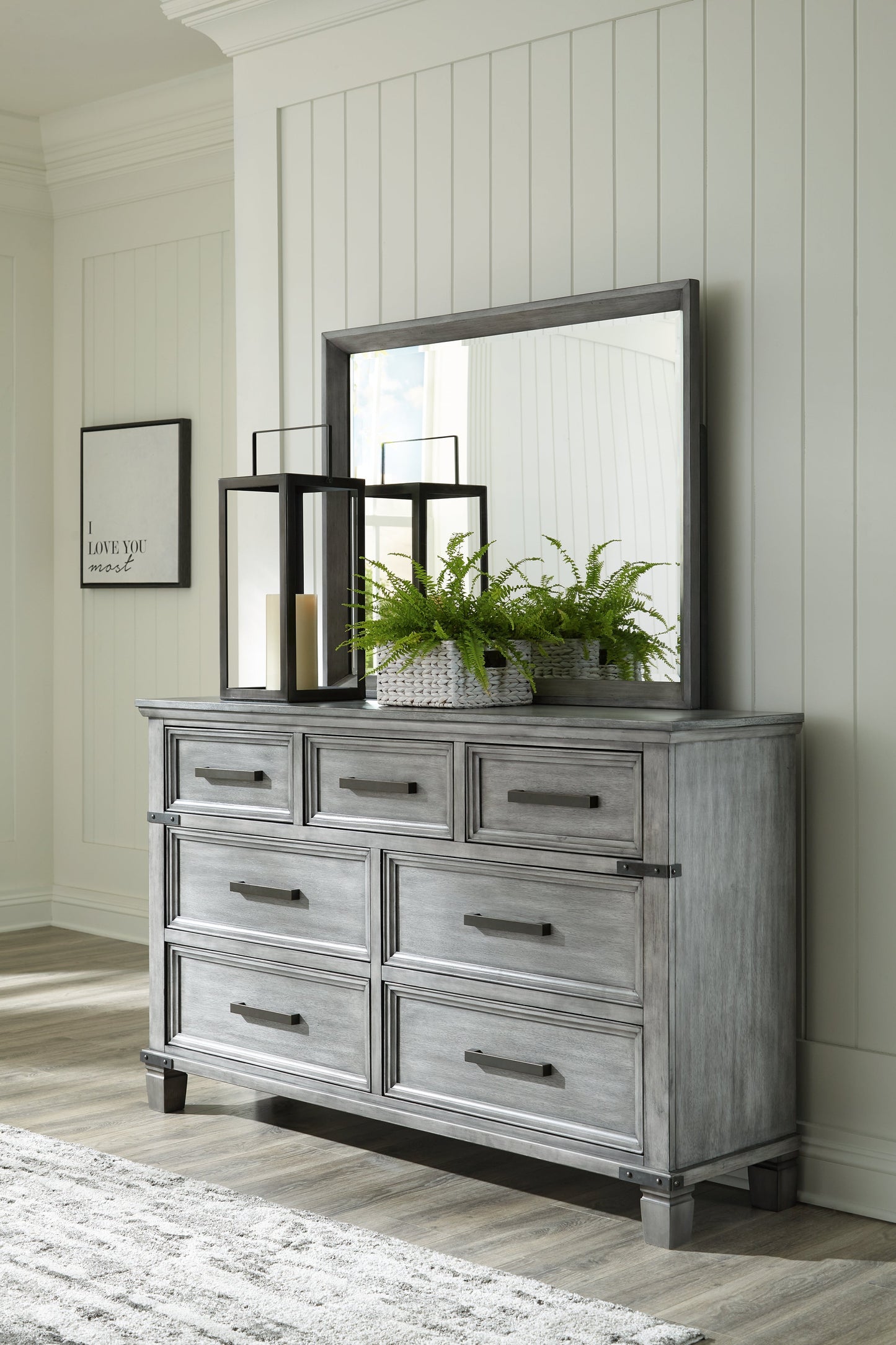 Russelyn Gray California King Panel Storage Bedroom Set with Dresser, Mirror and Nightstand