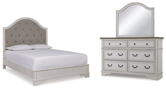 Brollyn Queen Upholstered Panel Bedroom Set with Dresser and Mirror