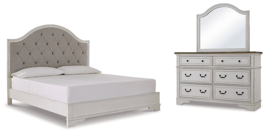 Brollyn King Upholstered Panel Bedroom Set with Dresser and Mirror