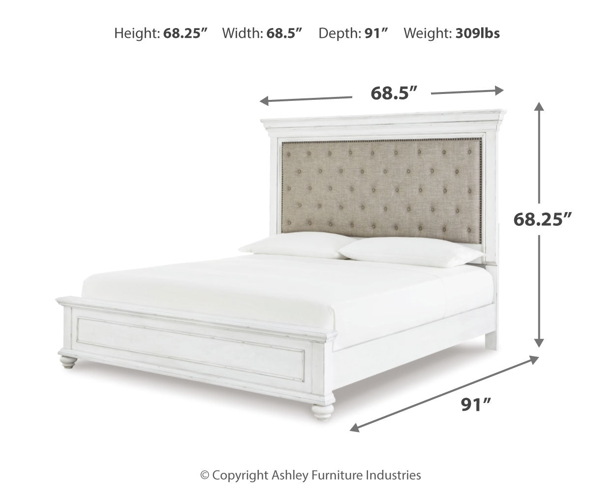 Kanwyn Whitewash Queen Upholstered Panel Bedroom Set with Dresser, Mirror, and Nightstand