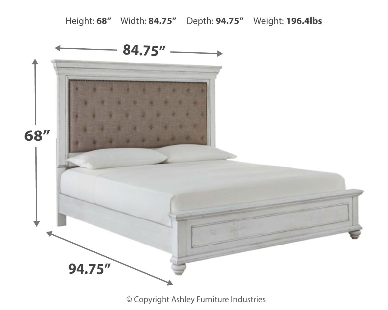 Kanwyn Whitewash Cal King Upholstered Panel Bedroom Set with Dresser, Mirror and Chest