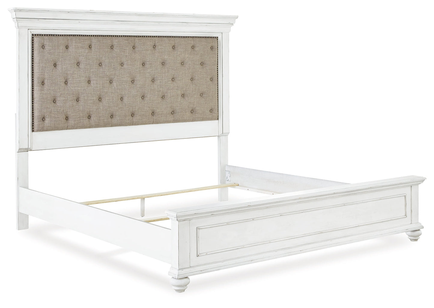 Kanwyn Whitewash Queen Upholstered Panel Bedroom Set with Dresser, Mirror, and Nightstand