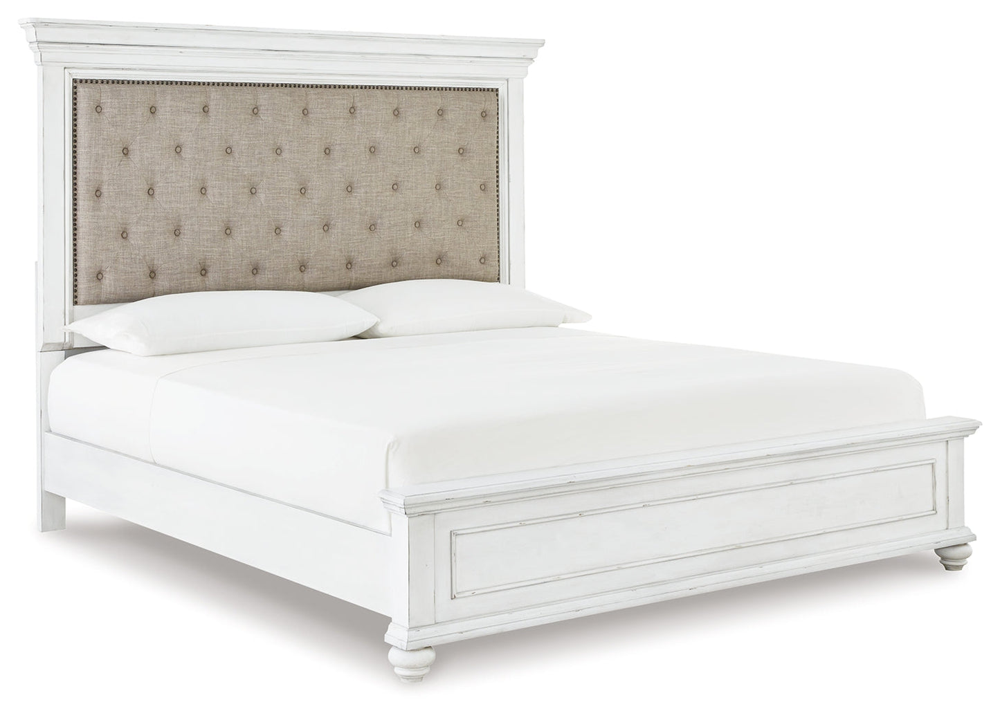 Kanwyn Whitewash Queen Upholstered Panel Bedroom Set with Dresser, Mirror, and Nightstand