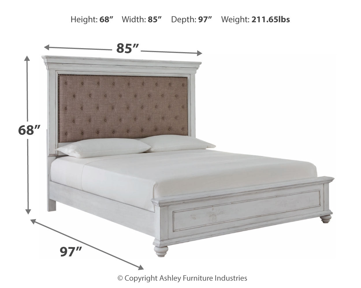 Kanwyn Whitewash King Upholstered Panel Bedroom Set with Dresser, Mirror and Chest