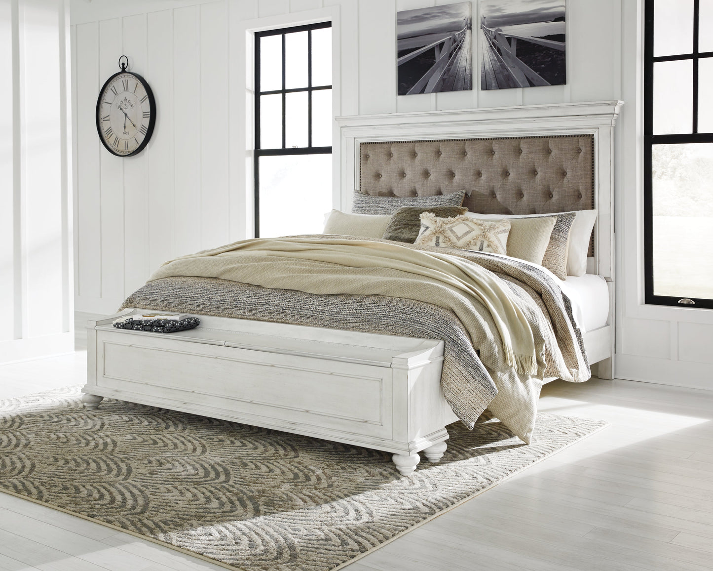 Kanwyn Whitewash King Upholstered Storage Bedroom Set with Dresser, Mirror and Nightstand