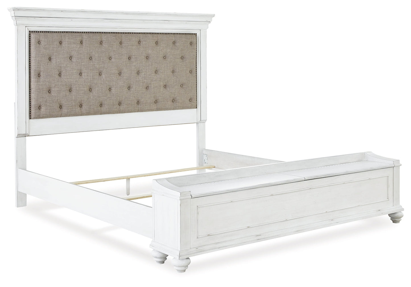 Kanwyn Whitewash King Upholstered Storage Bedroom Set with Dresser, Mirror and Nightstand