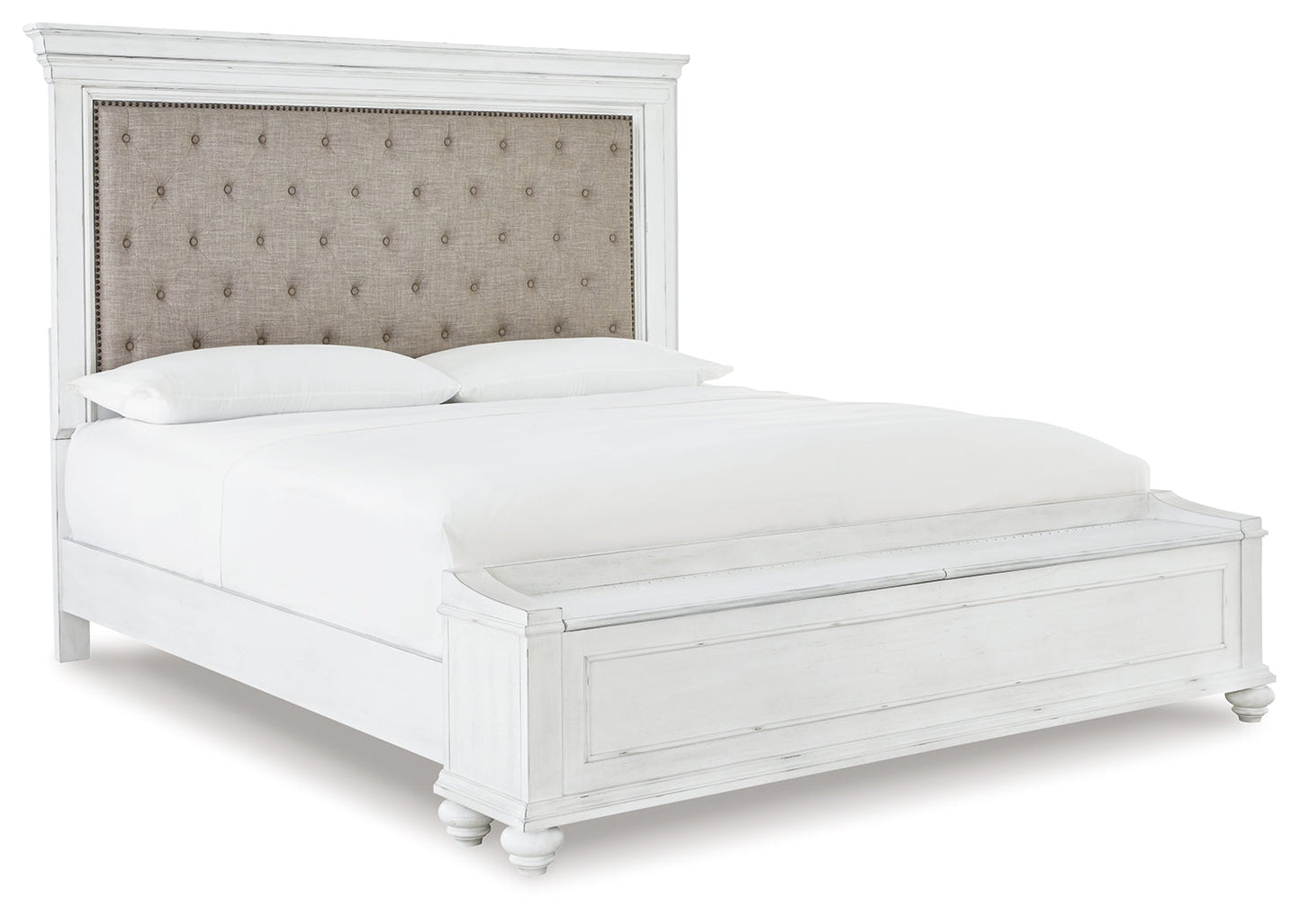 Kanwyn Whitewash King Upholstered Storage Bedroom Set with Dresser, Mirror and Nightstand