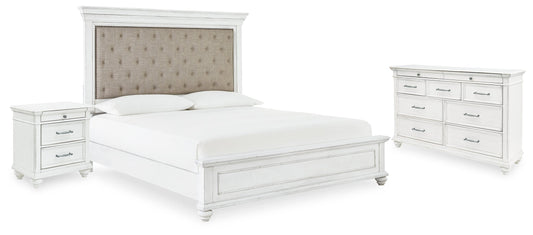 Kanwyn Whitewash Queen Upholstered Panel Bedroom Set with Dresser, and Nightstand