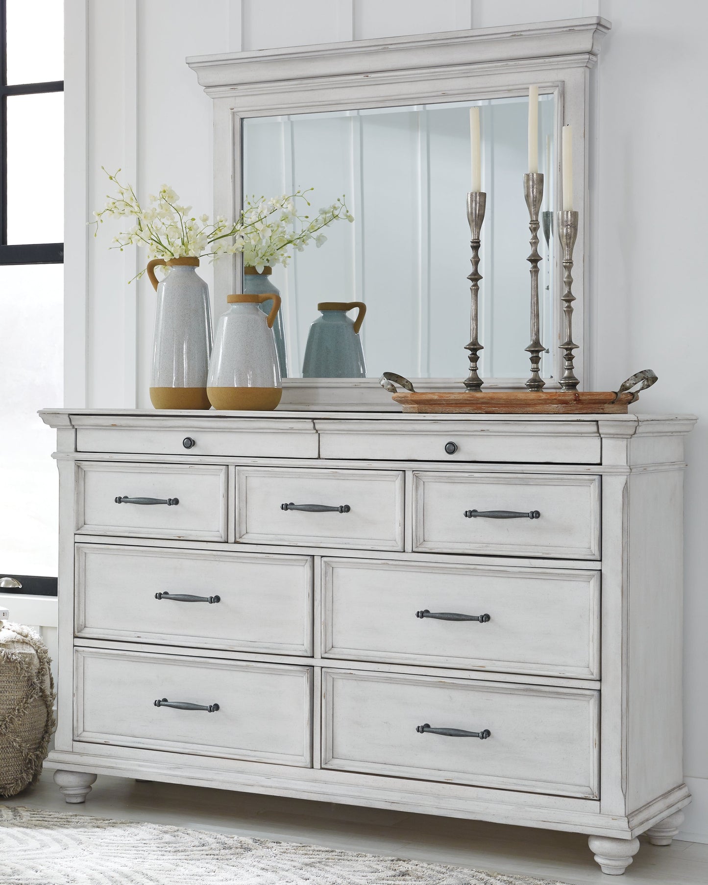 Kanwyn Whitewash King Panel Bedroom Set with Dresser, Mirror and 2 Nightstands