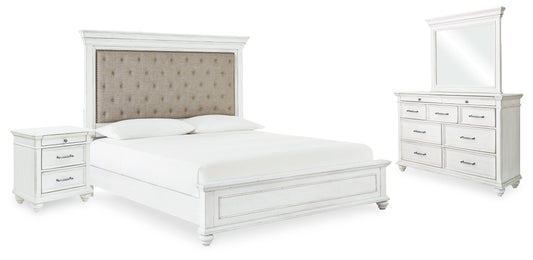 Kanwyn Whitewash Queen Upholstered Panel Bedroom Set with Dresser, Mirror, and Nightstand