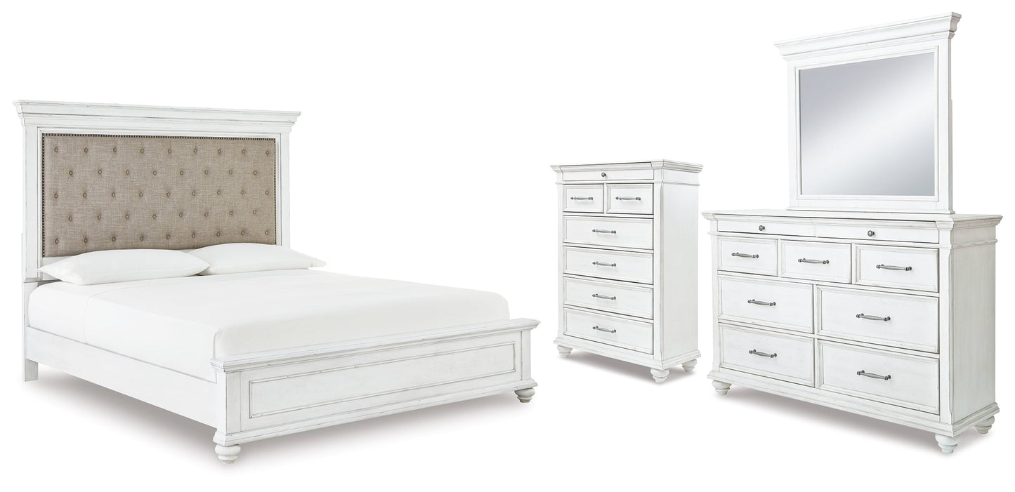 Kanwyn Whitewash Cal King Upholstered Panel Bedroom Set with Dresser, Mirror and Chest