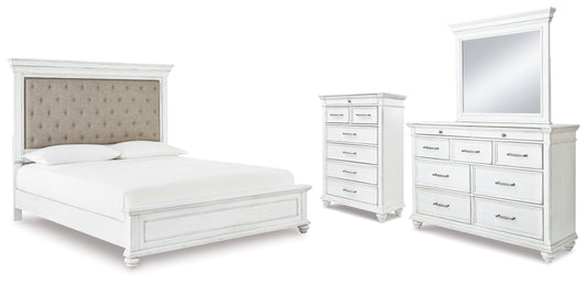 Kanwyn Whitewash Cal King Upholstered Panel Bedroom Set with Dresser, Mirror and Chest