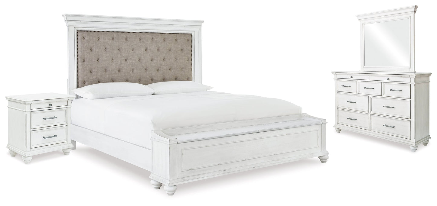 Kanwyn Whitewash King Upholstered Storage Bedroom Set with Dresser, Mirror and Nightstand