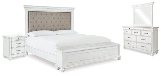 Kanwyn Whitewash King Upholstered Storage Bedroom Set with Dresser, Mirror and Nightstand