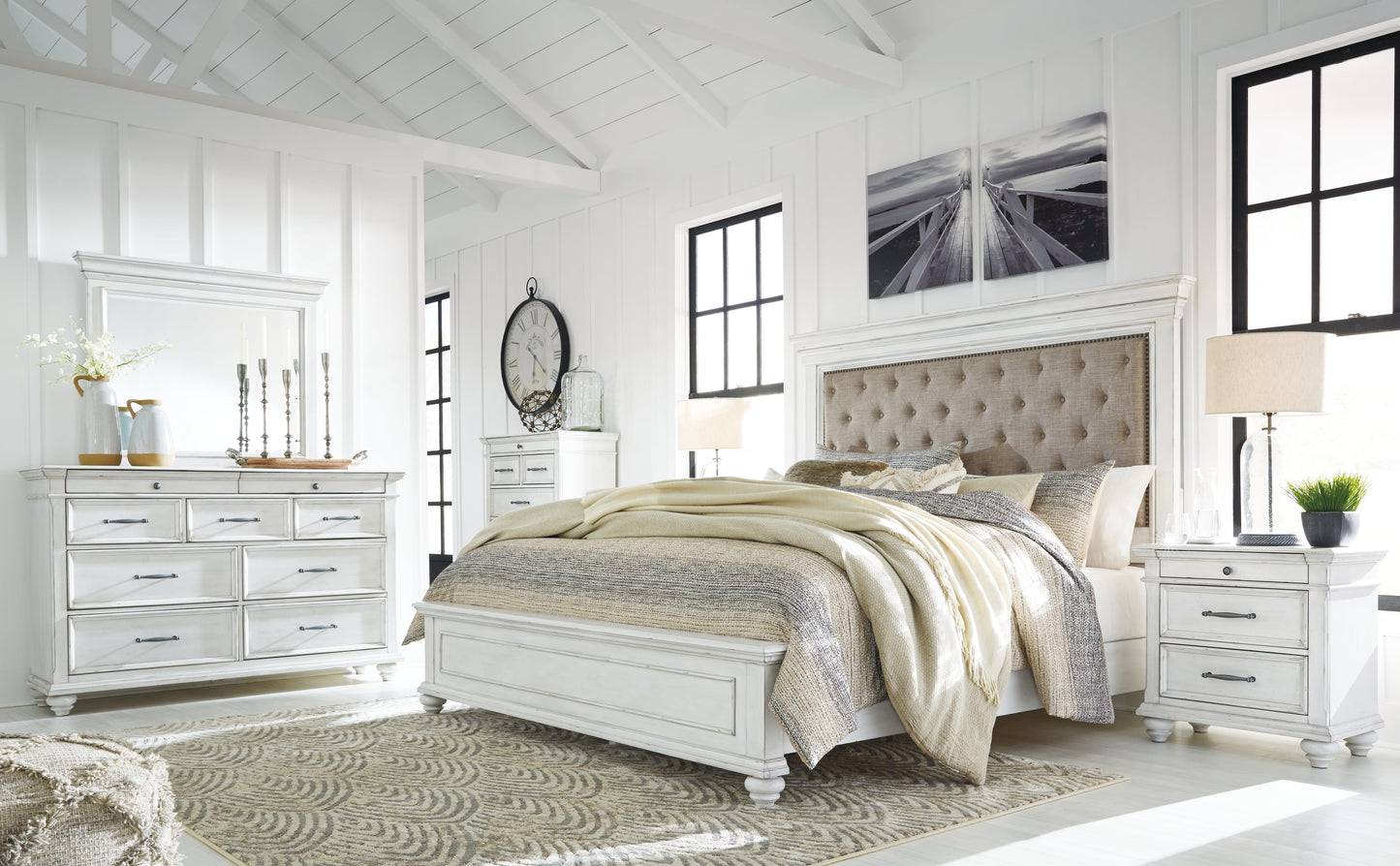 Kanwyn Whitewash Queen Upholstered Panel Bedroom Set with Dresser, Mirror, and Nightstand