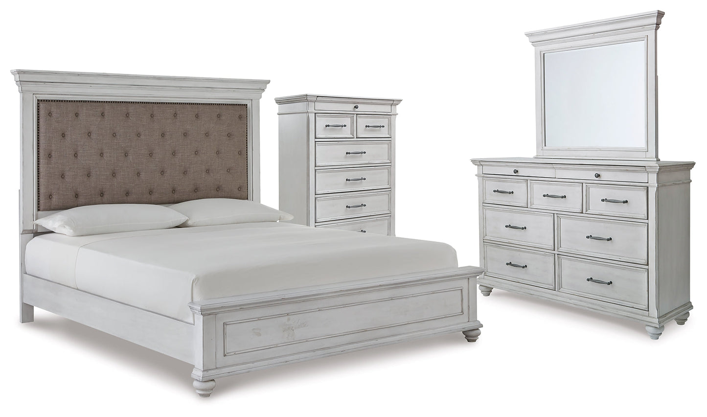 Kanwyn Whitewash King Upholstered Panel Bedroom Set with Dresser, Mirror and Chest