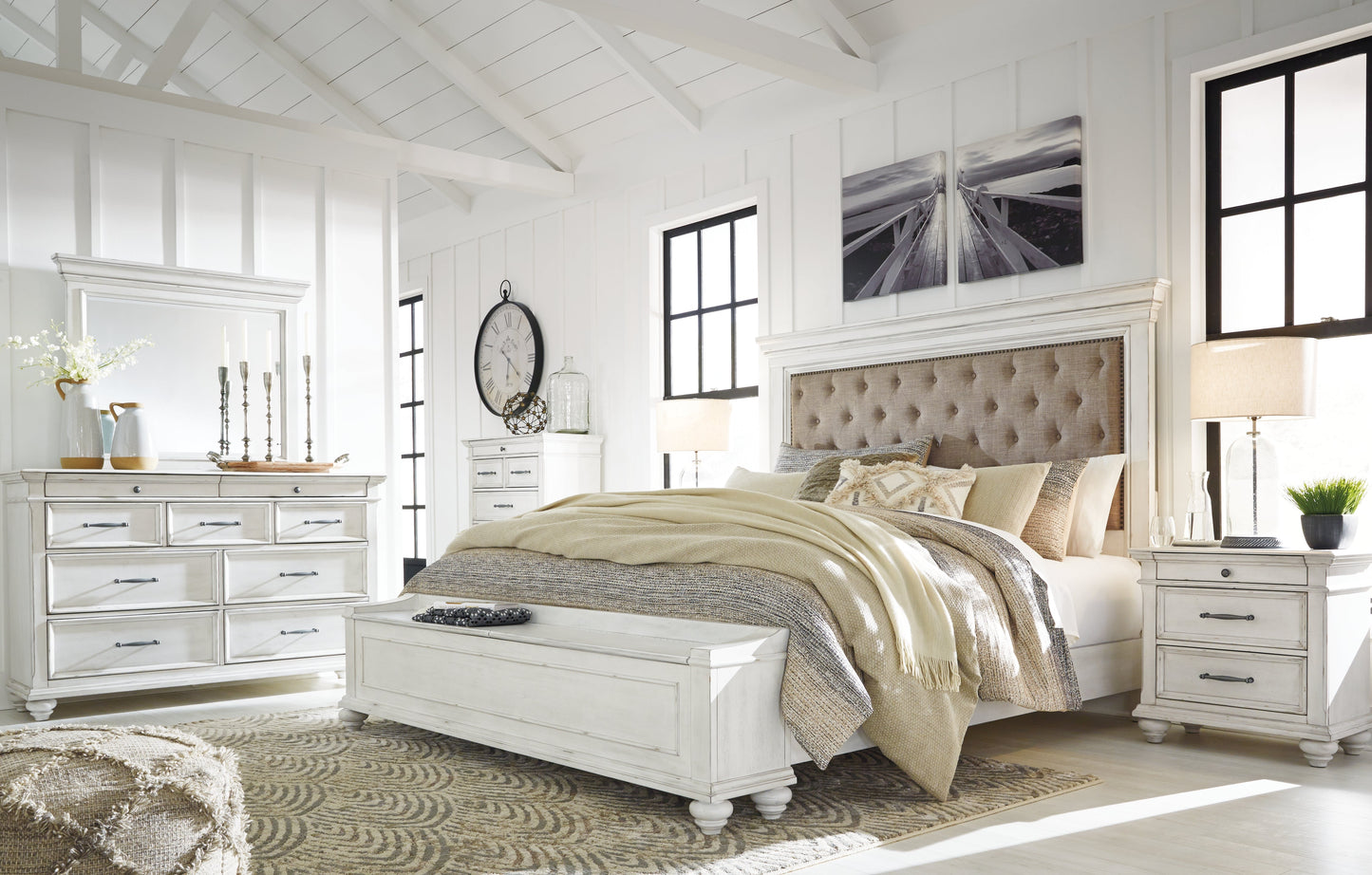 Kanwyn Whitewash King Upholstered Storage Bedroom Set with Dresser, Mirror and Nightstand