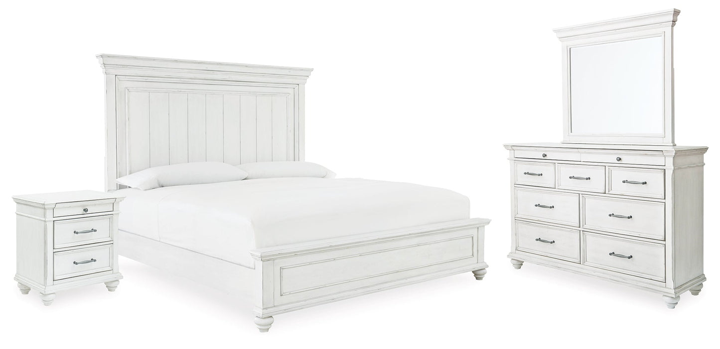 Kanwyn Whitewash King Panel Bedroom Set with Dresser, Mirror and Nightstand