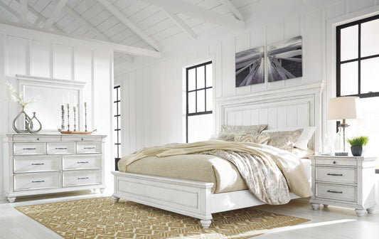 Kanwyn Whitewash Queen Panel Bedroom Set with Dresser, Mirror and Nightstand