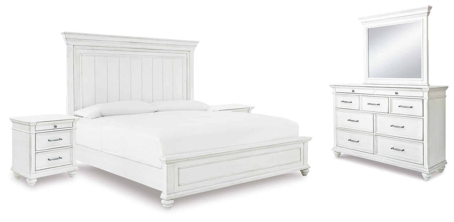 Kanwyn Whitewash King Panel Bedroom Set with Dresser, Mirror and 2 Nightstands