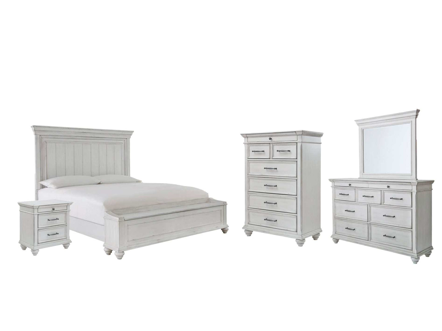 Kanwyn Whitewash Queen Panel Bedroom Set w/ Storage Bench / 5pc